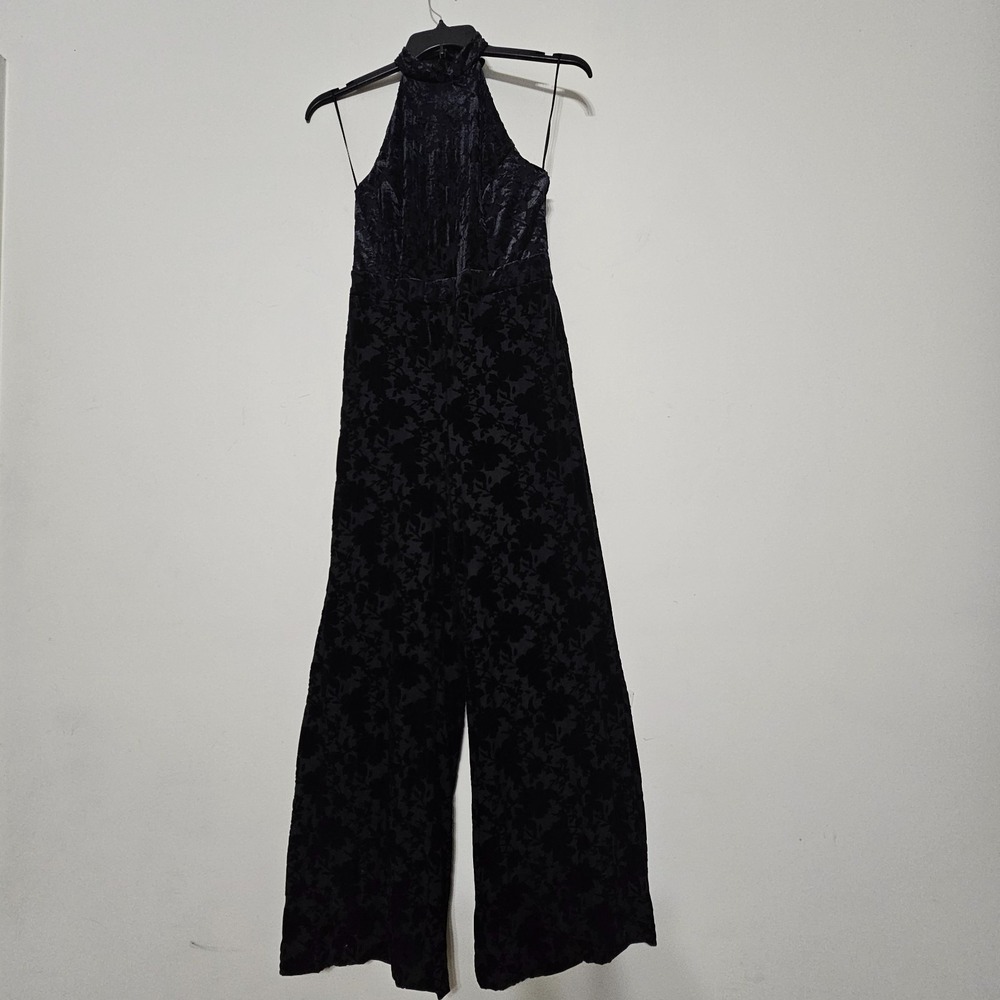 1. State Jumpsuit 6/Small Black Sleeveless Halter Neck Long Wide Leg Pocket 1068
